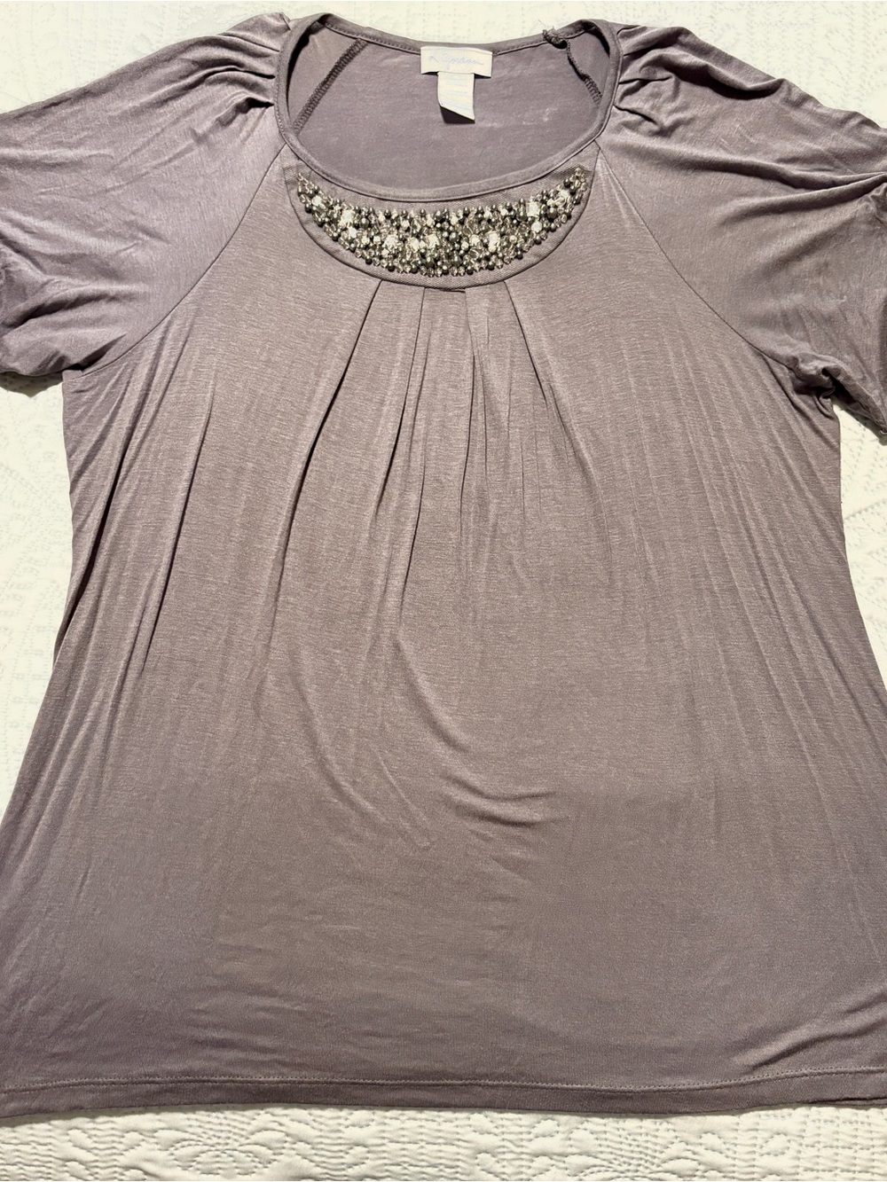K Jordan Gray Short-Sleeve Scoop Neck Top with Beaded Yoke